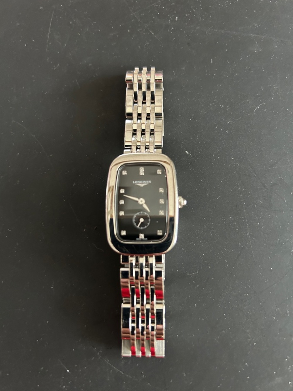 Longines Stainless Steel Watch with Black Dial and Diamond Markers